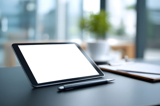 Blank tablet on wooden table near plant in modern cafe during daytime