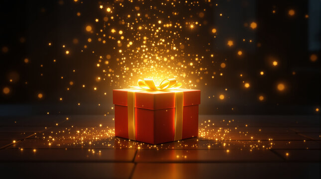 A red gift box emits golden sparkles, creating a magical and festive atmosphere.