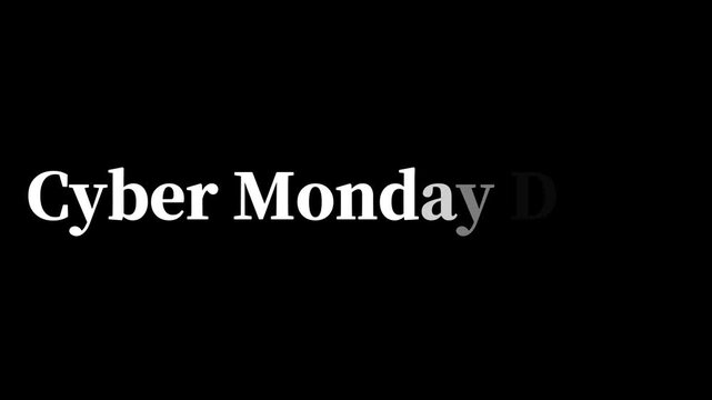 Cyber monday deals text animation on a black background for promotional sale event online shopping offer