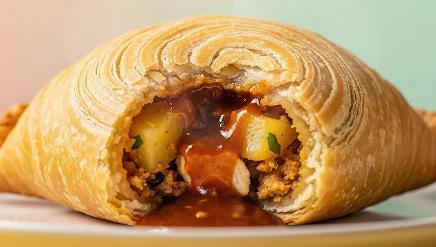 Close up shot of a delicious curry puff with a tempting filling