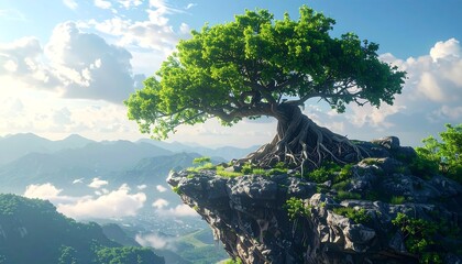 A large, leafy tree grows atop a cliff overlooking a misty mountain range and a small town. Blue sky with fluffy clouds