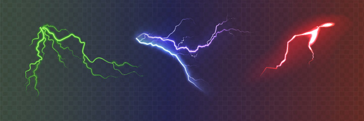 Set of the isolated realistic lightnings with transparency for design. Thunder-storm and lightnings. Magic and bright lighting effects. Natural effects