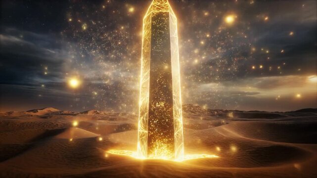 Giant glowing obelisk rising from desert sands, magical particles swirling around it