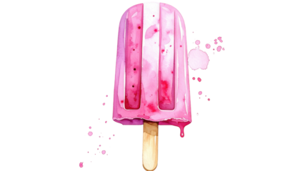 Watercolor popsicle with drippings; pink, red, white hues against black. Summer treat illustration