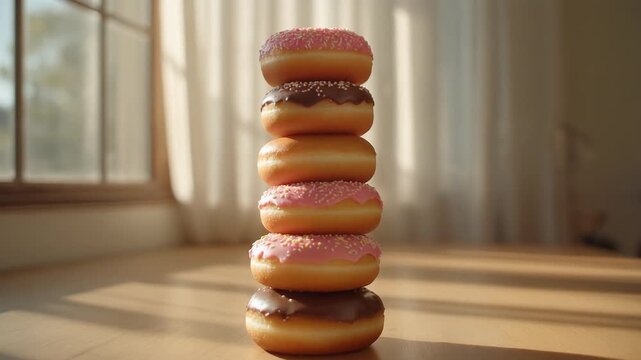Wide shot of donuts stacked like a tower