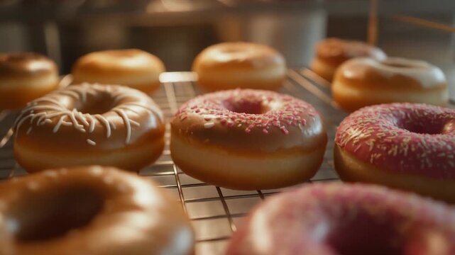 Cinematic push-in shot of multiple donuts arranged neatly on a metal cooling rack