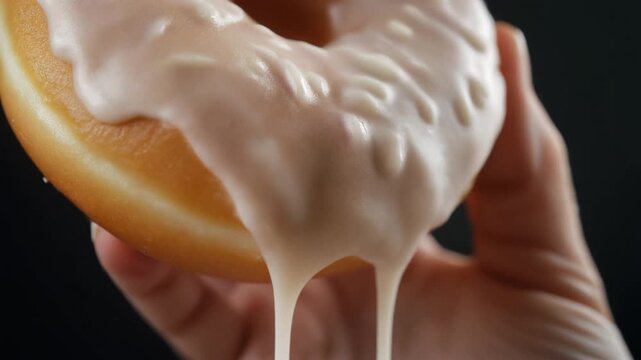 Macro shot of icing dripping from a freshly glazed donut