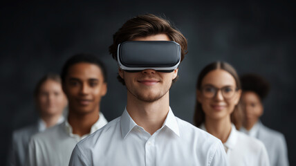 Smiling man with virtual reality headset leads business team into future of technology, positive group experience in metaverse