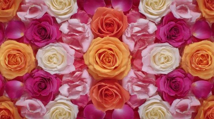 Fototapeta premium A vibrant arrangement of pink, orange, and white roses, with petals scattered around, creating a colorful and textured background.