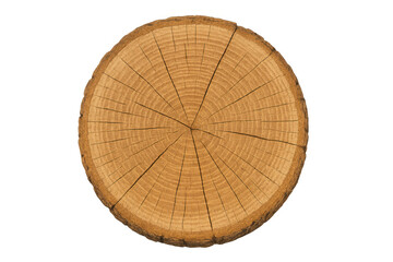Fototapeta premium Wood cross section revealing tree rings, texture, and cracks, symbolizing growth, age, and nature, isolated on transparent