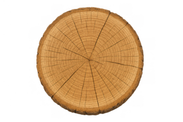 Wood cross section revealing tree rings, texture, and cracks, symbolizing growth, age, and nature, isolated on transparent