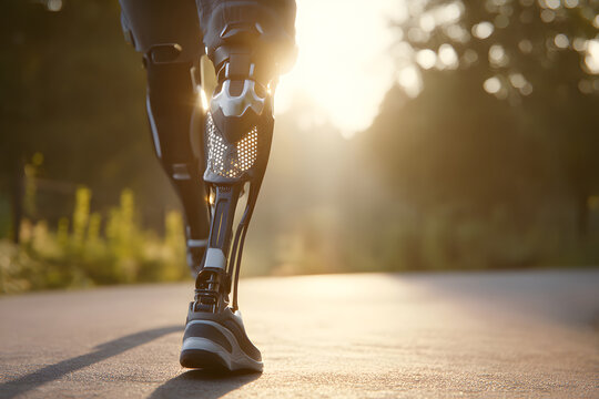 Innovative prosthetic leg supports active lifestyle during sunset walk in nature - Powered by Adobe