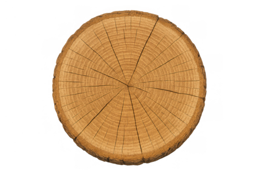 Wood cross section revealing tree rings, texture, and cracks, symbolizing growth, age, and nature, isolated on transparent