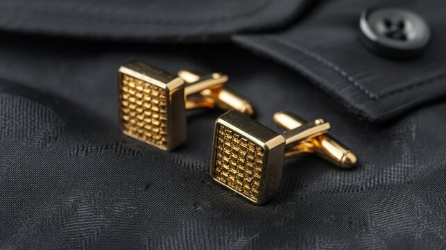Gold square cufflinks on a black shirt, with a black button in the background.