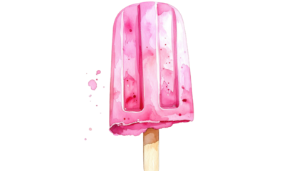 Watercolor-style pink popsicle on a stick, digitally rendered against a black background with dripping effect
