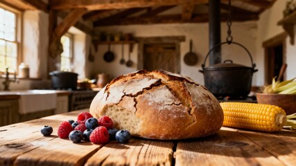 Artisan bread, fresh berries, and corn on rustic wooden table. Thanksgiving harvest, traditional holiday food, cozy autumn still life, homemade baking, farm-to-table style