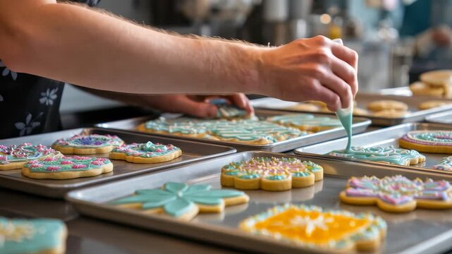 A baker decorates colorful sugar cookies with intricate icing designs in a bright kitchen, showcasing creativity and attention to detail. Freshly baked cookies are arranged on metal trays