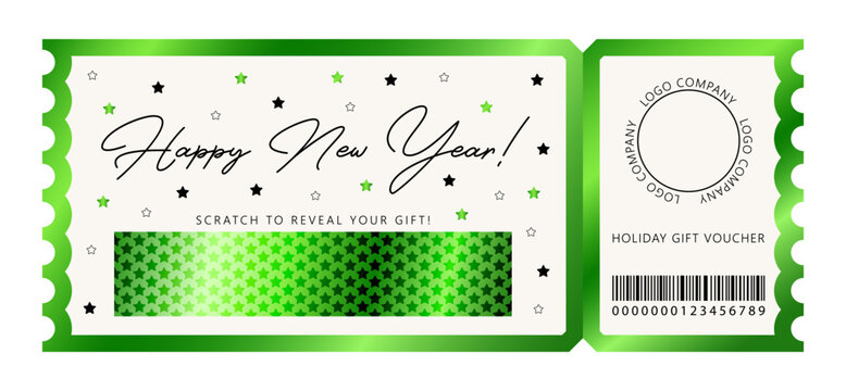 Happy New Year template for gift voucher. Scratch ticket for holiday. White and green background with black and green stars. Secret green gradient field protective layer.