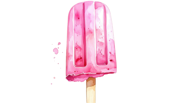 Watercolor-style pink popsicle on a stick, digitally rendered against a black background with dripping effect