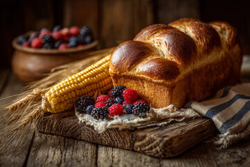 Artisan bread, fresh berries, and corn on rustic wooden table. Thanksgiving harvest, traditional holiday food, cozy autumn still life, homemade baking, farm-to-table style