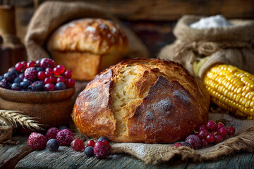 Artisan bread, fresh berries, and corn on rustic wooden table. Thanksgiving harvest, traditional holiday food, cozy autumn still life, homemade baking, farm-to-table style