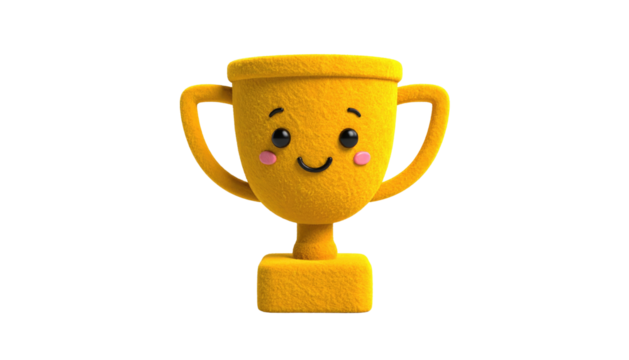 Cartoon trophy with a happy face. Golden yellow, fuzzy texture, stands against a plain black background