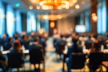 Abstract blurred people sitting seminar in hotel room. High quality