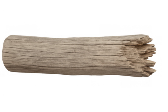 Driftwood log displaying weathered texture and natural decay against a transparent background, symbolizing nature and time