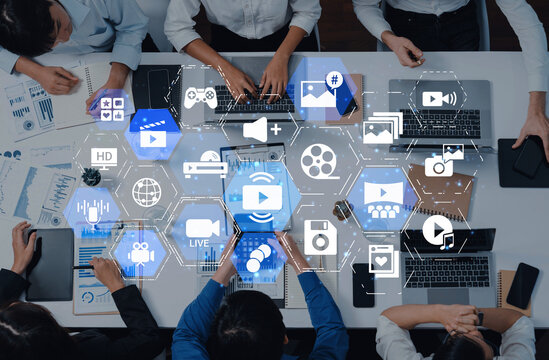 Multimedia technology with video, audio, photo and streaming icons representing digital media, communication and online platforms in a modern multimedia world. Entice