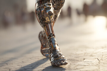 Robot leg walking on a sunlit urban pavement during late afternoon hours