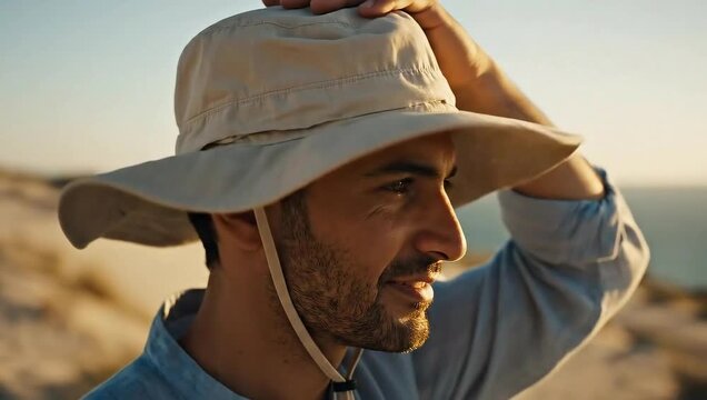 national hat day smiling man in looking at ocean horizon - Powered by Adobe