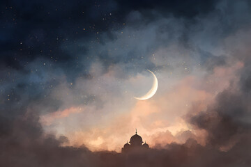Night sky over a mosque with crescent moon and colorful clouds at sunset