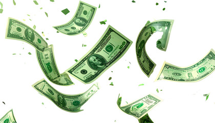1: Flying Dollar Money Rain with Green Banknotes Falling Down, isolated on transparent background
