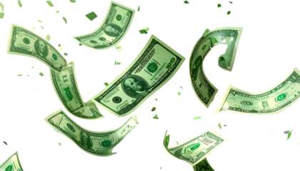 1:  Flying Dollar Money Rain with Green Banknotes Falling Down, isolated on transparent background