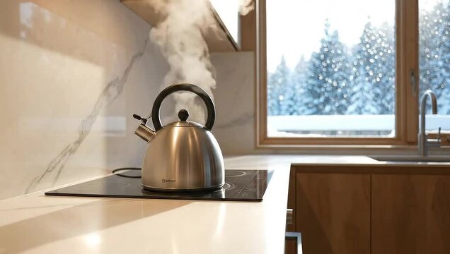 Boiling kettle on an induction hob in a modern kitchen with a snowy winter landscape outside the window.