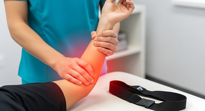 Medical professional examining patient's painful forearm, highlighted red for injury. Physiotherapy and arm pain treatment concept.