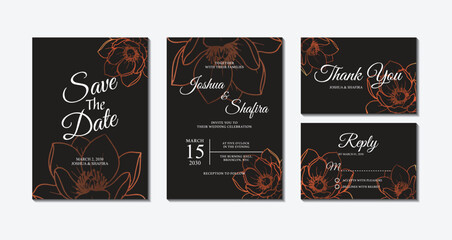 Set of elegant black and copper floral line art wedding invitation cards including save the date, thank you, and rsvp templates