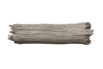 Driftwood plank showing weathered gray wood. Natural timber surface with worn texture on transparent background