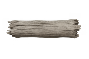 Driftwood plank showing weathered gray wood. Natural timber surface with worn texture on transparent background
