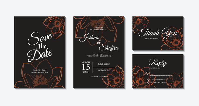 Set of elegant black and copper floral line art wedding invitation cards including save the date, thank you, and rsvp templates