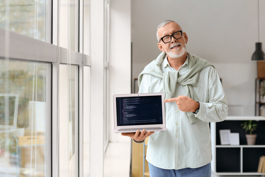 Mature programmer with laptop near window in office