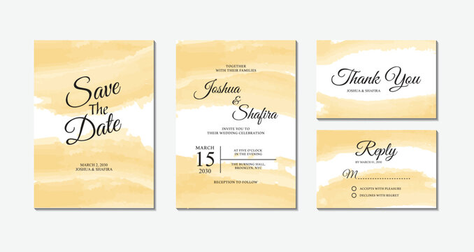 Set of elegant yellow watercolor wedding invitation cards with horizontal wash design including save the date, thank you, and rsvp templates