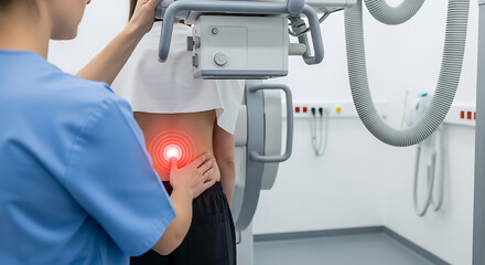 Medical professional positioning patient for X-ray scan. Healthcare worker preparing person for diagnostic imaging procedure in clinic.