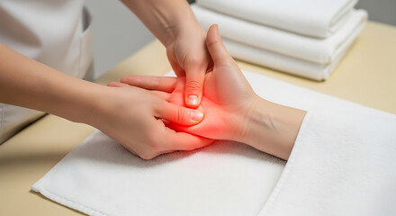 Professional hand massage therapy for pain relief with highlighted painful area on palm
