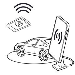 Wireless charging of smartphone in car, vector illustration isolated on