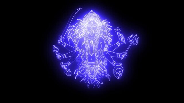 Goddess Kali with glowing blue neon light path effect on plain black background