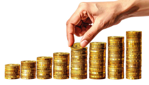  1:  Hand Placing Coin on Highest Money Stack in Modern Photo Collage Style, isolated on transparent background