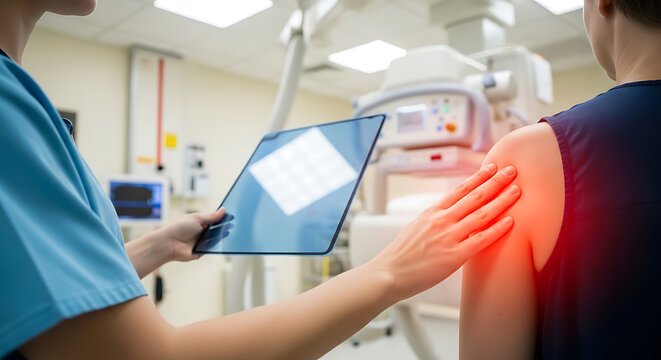 Healthcare professional analyzing digital X-ray of patient's painful shoulder in clinic with advanced medical technology - Powered by Adobe