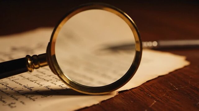 A close-up shot of a magnifying glass over an aged paper with handwritten text, on a wooden surface