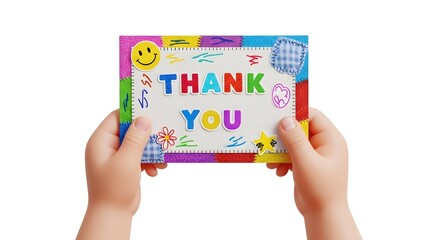 Colorful Thank You Card Held by Child Hands in Bright Decorated Frame